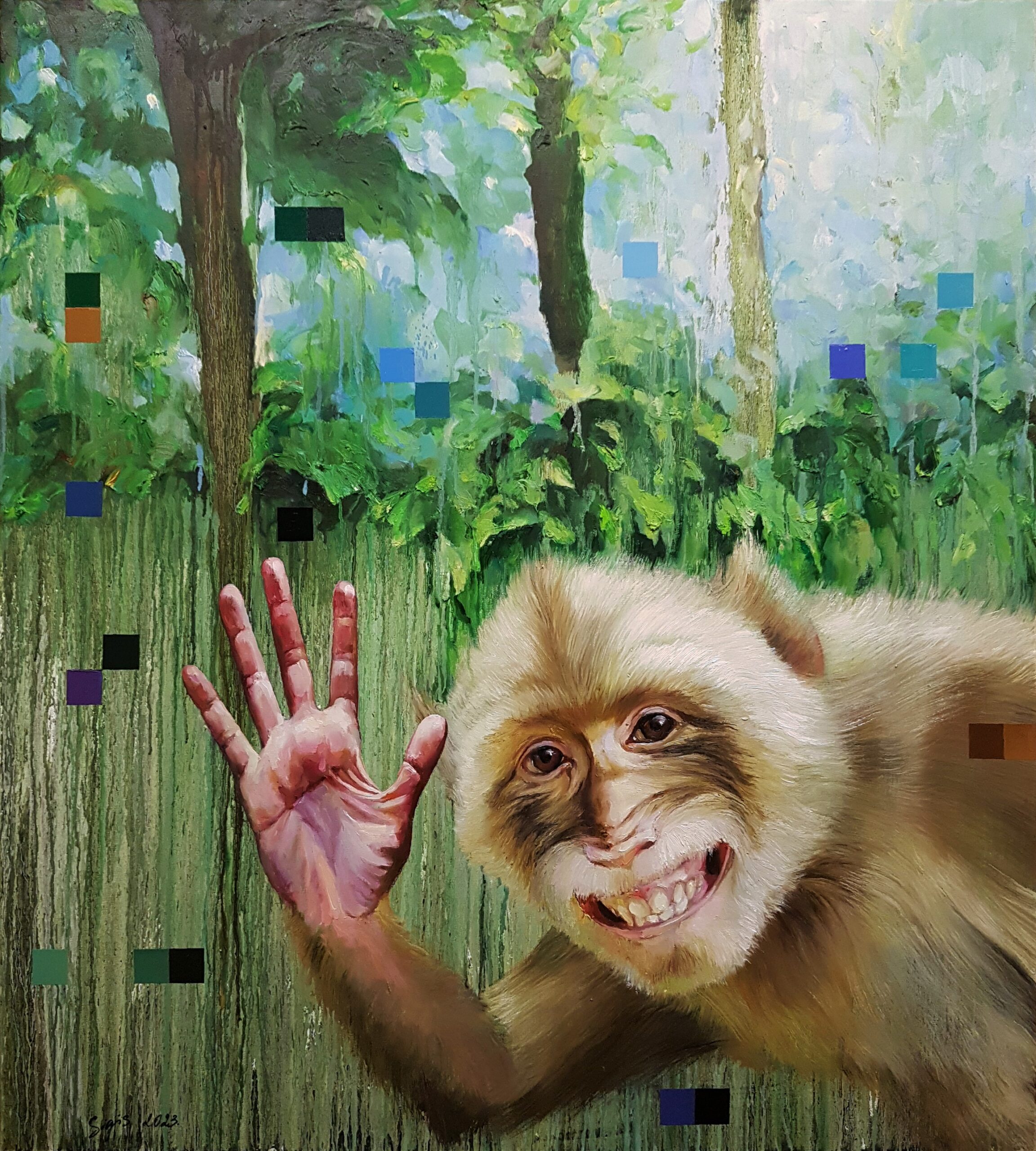 Beždžionės pasirodymas. 2023 m. Drobė, aliejus, 100x90 cm